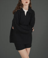 ケーブル編みニットセットアップ/Vネックポロ襟ニットトップス×ショートニットパンツ