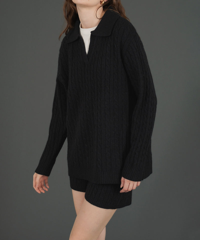 ケーブル編みニットセットアップ/Vネックポロ襟ニットトップス×ショートニットパンツ