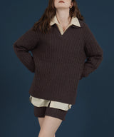 ケーブル編みニットセットアップ/Vネックポロ襟ニットトップス×ショートニットパンツ