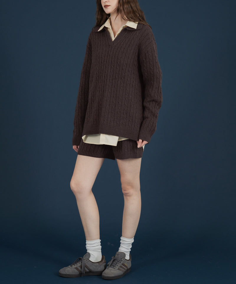 ケーブル編みニットセットアップ/Vネックポロ襟ニットトップス×ショートニットパンツ