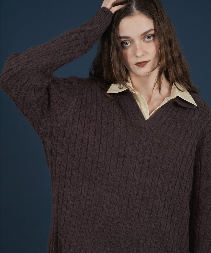 ケーブル編みニットセットアップ/Vネックポロ襟ニットトップス×ショートニットパンツ