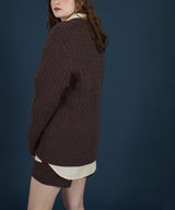 ケーブル編みニットセットアップ/Vネックポロ襟ニットトップス×ショートニットパンツ