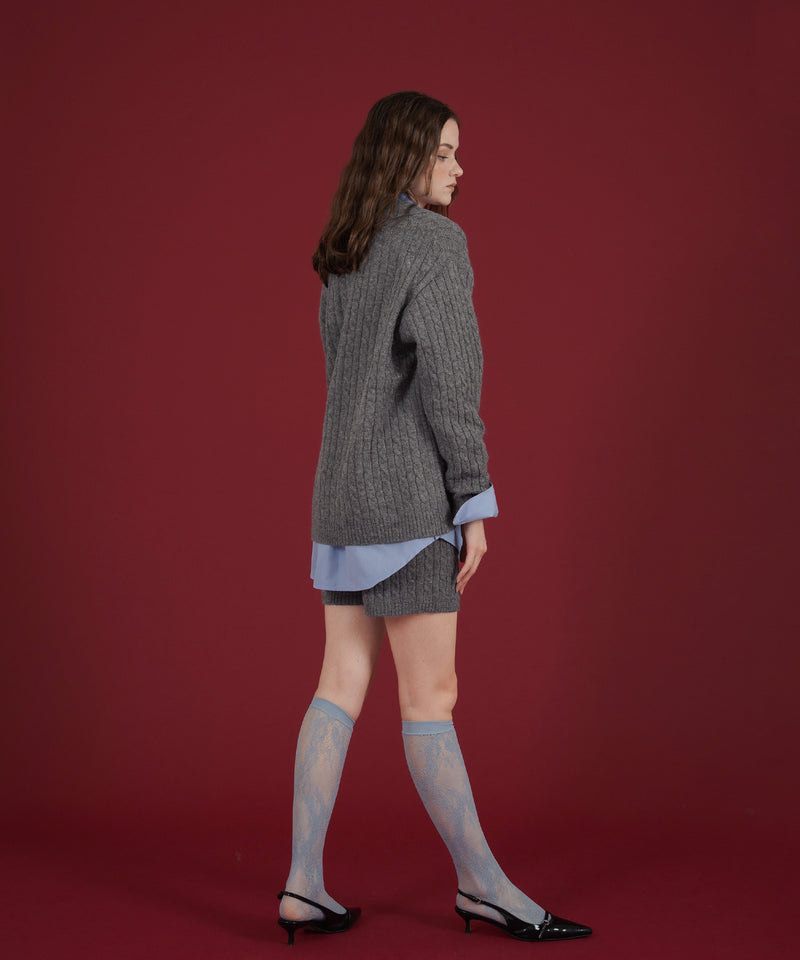 ケーブル編みニットセットアップ/Vネックポロ襟ニットトップス×ショートニットパンツ