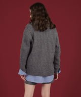 ケーブル編みニットセットアップ/Vネックポロ襟ニットトップス×ショートニットパンツ