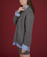 ケーブル編みニットセットアップ/Vネックポロ襟ニットトップス×ショートニットパンツ