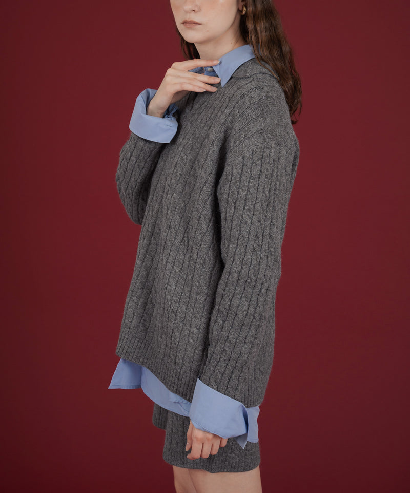 ケーブル編みニットセットアップ/Vネックポロ襟ニットトップス×ショートニットパンツ