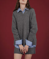 ケーブル編みニットセットアップ/Vネックポロ襟ニットトップス×ショートニットパンツ