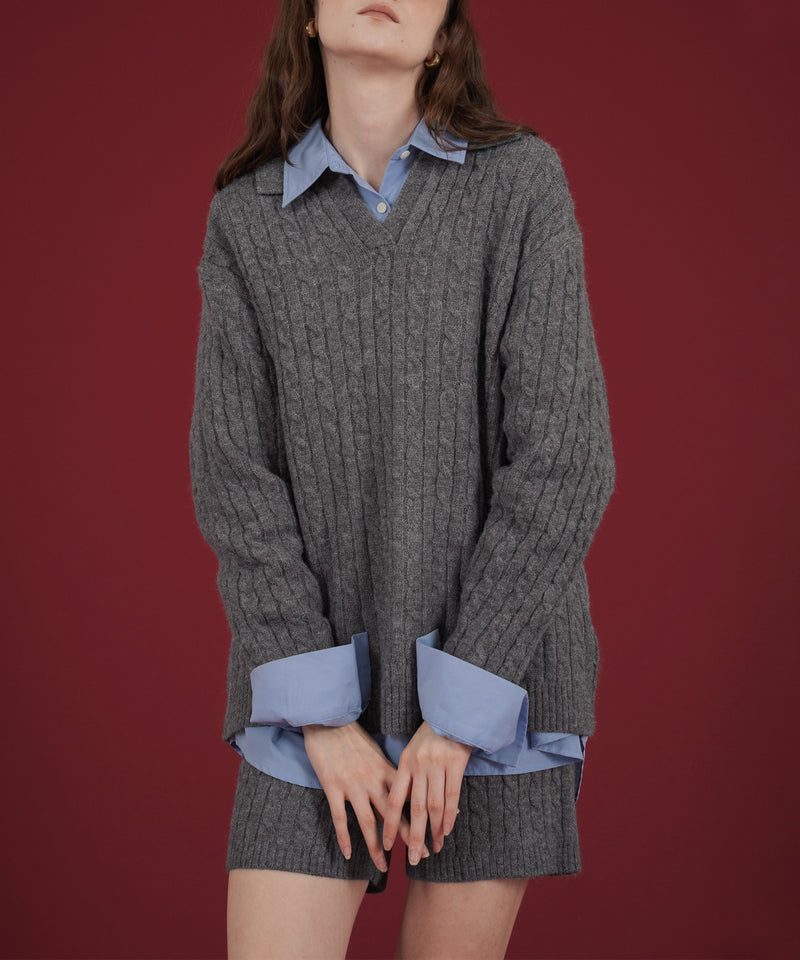 ケーブル編みニットセットアップ/Vネックポロ襟ニットトップス×ショートニットパンツ