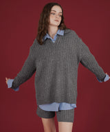 ケーブル編みニットセットアップ/Vネックポロ襟ニットトップス×ショートニットパンツ