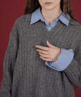 ケーブル編みニットセットアップ/Vネックポロ襟ニットトップス×ショートニットパンツ