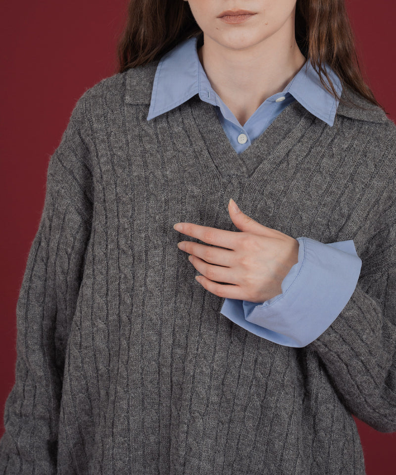 ケーブル編みニットセットアップ/Vネックポロ襟ニットトップス×ショートニットパンツ