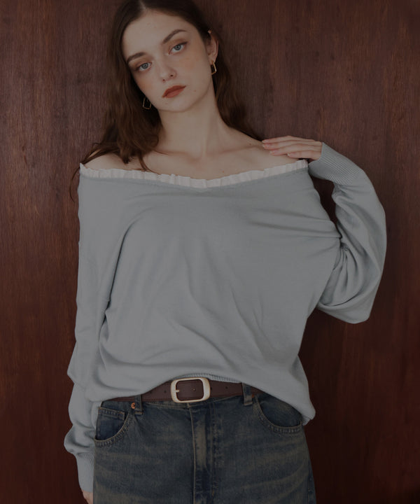 【11月下旬お届け商品】オフショルフリルバイカラーニット