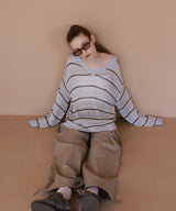 オーバーサイズVネックボーダーニット