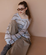 オーバーサイズVネックボーダーニット