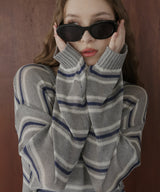 オーバーサイズVネックボーダーニット