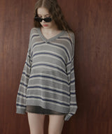 オーバーサイズVネックボーダーニット