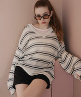 オーバーサイズVネックボーダーニット