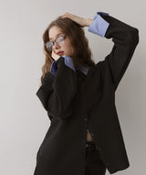 レイヤード風 配色襟ニットカーディガン