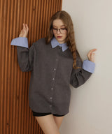 レイヤード風 配色襟ニットカーディガン