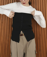 リブニットビスチェデザイン長袖Tシャツ