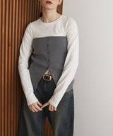 リブニットビスチェデザイン長袖Tシャツ