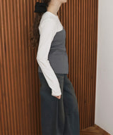 リブニットビスチェデザイン長袖Tシャツ