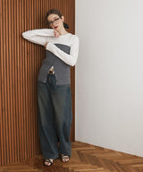 リブニットビスチェデザイン長袖Tシャツ