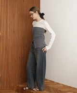 リブニットビスチェデザイン長袖Tシャツ