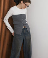 リブニットビスチェデザイン長袖Tシャツ