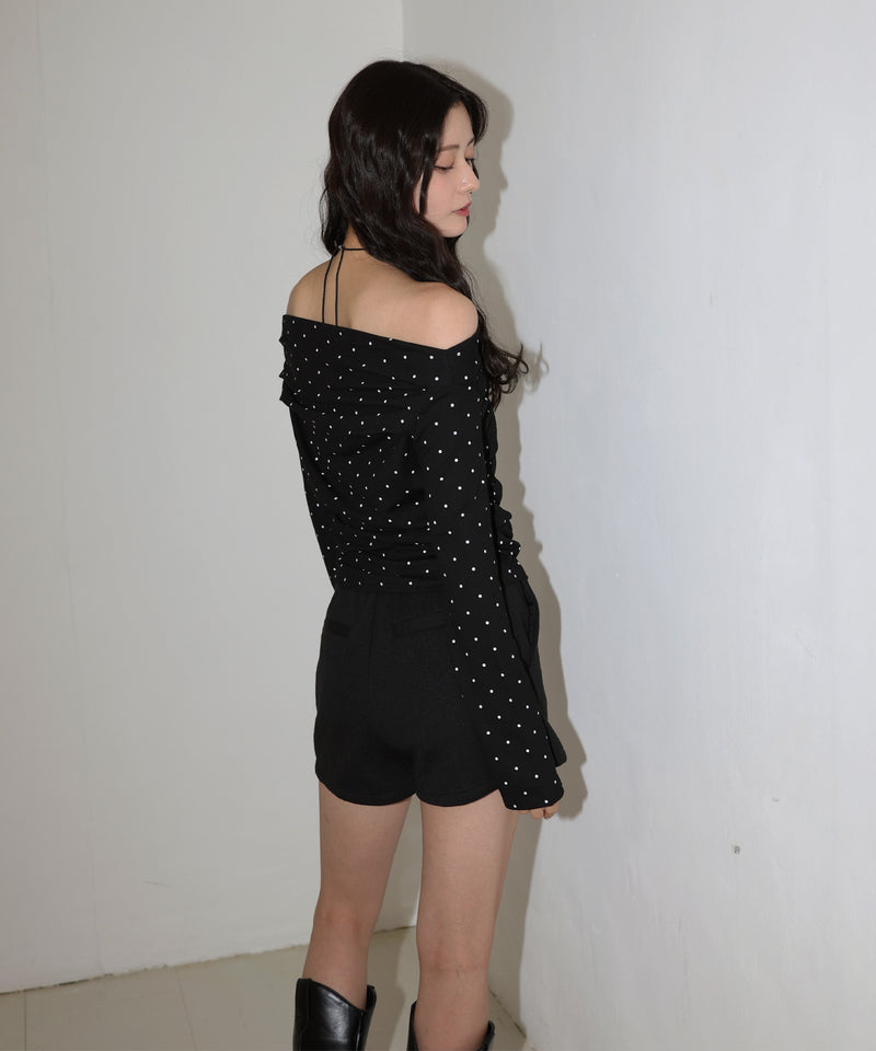 ドット柄オフショルロングスリーブTシャツ