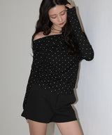 ドット柄オフショルロングスリーブTシャツ