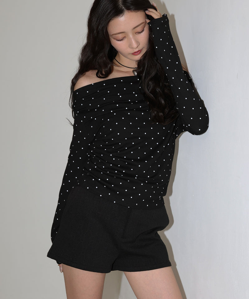 ドット柄オフショルロングスリーブTシャツ