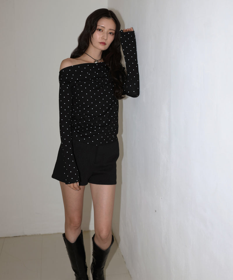 ドット柄オフショルロングスリーブTシャツ