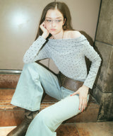 ドット柄オフショルロングスリーブTシャツ