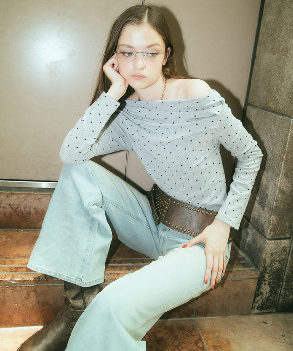 ドット柄オフショルロングスリーブTシャツ