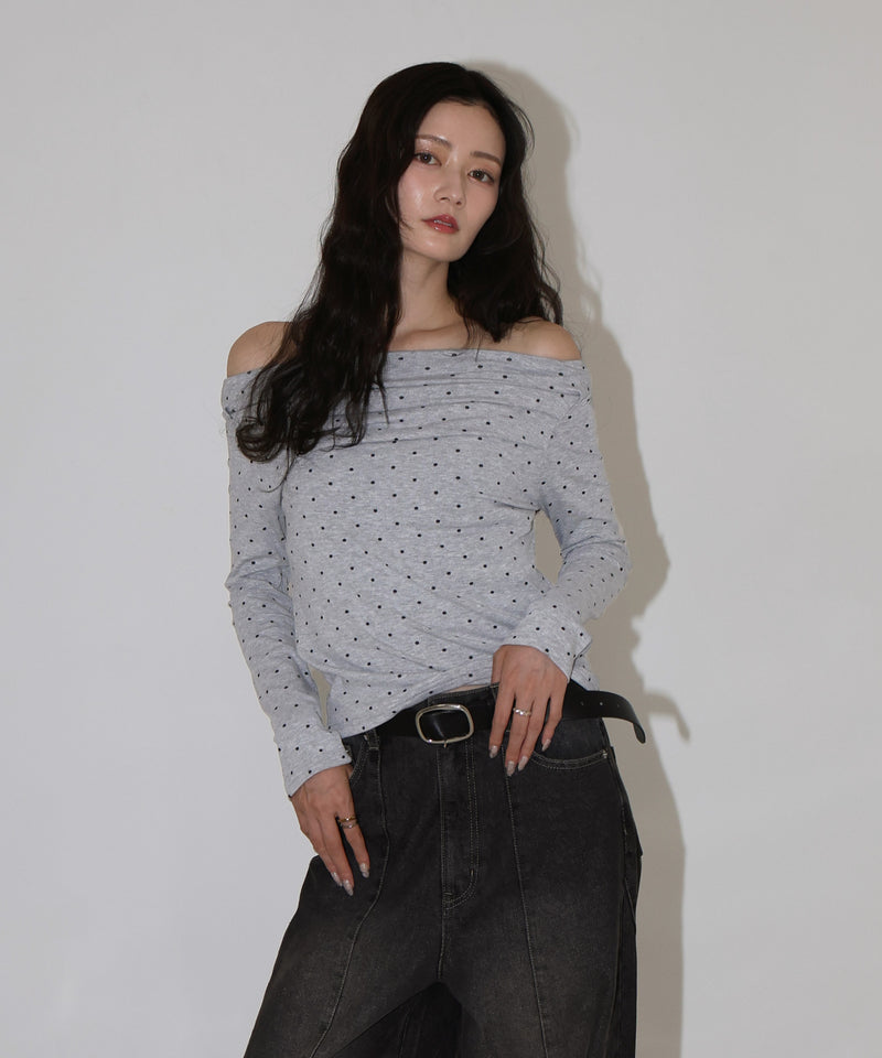 ドット柄オフショルロングスリーブTシャツ
