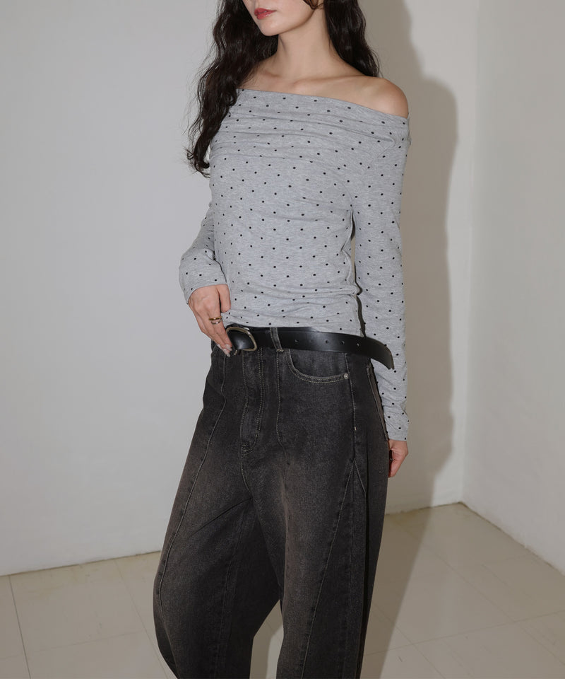 ドット柄オフショルロングスリーブTシャツ