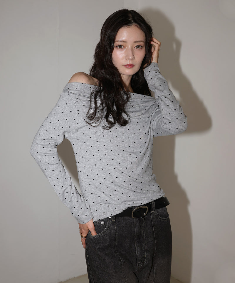 ドット柄オフショルロングスリーブTシャツ