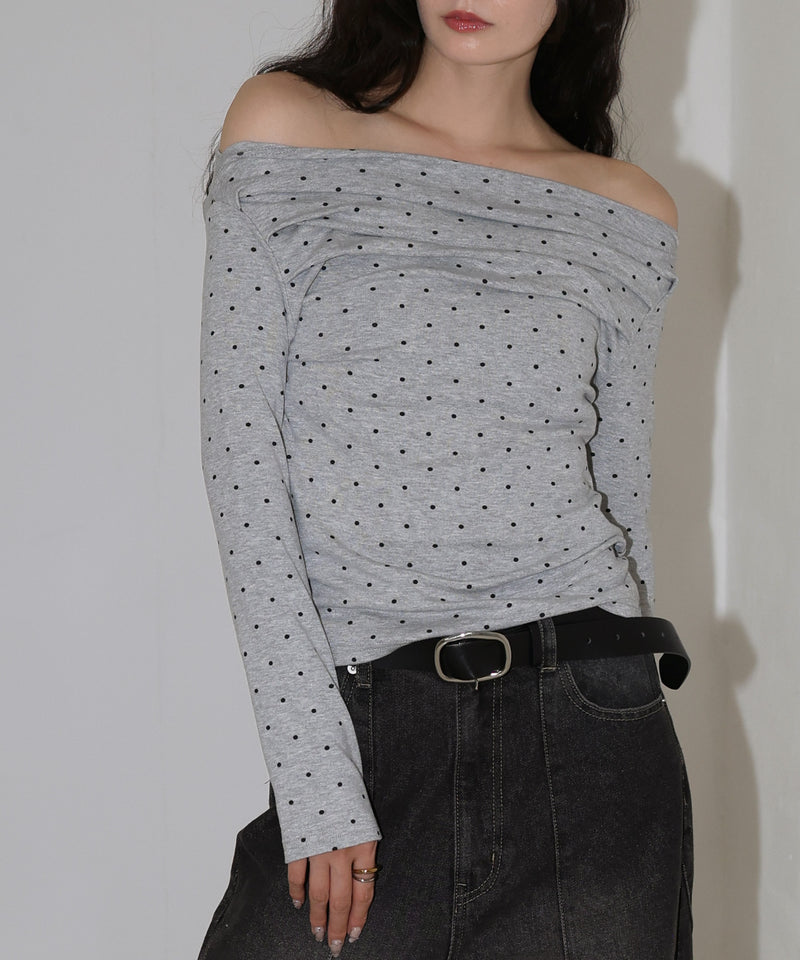 ドット柄オフショルロングスリーブTシャツ
