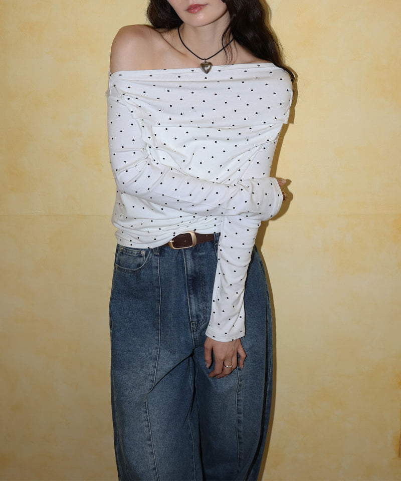 ドット柄オフショルロングスリーブTシャツ