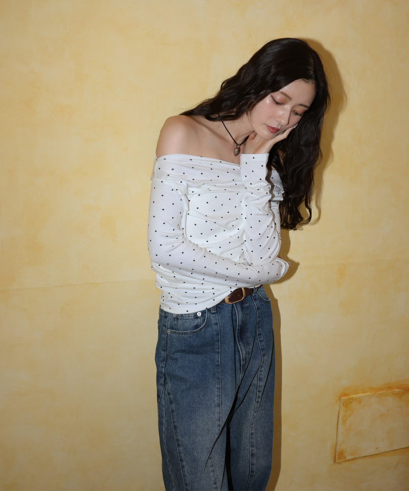 ドット柄オフショルロングスリーブTシャツ