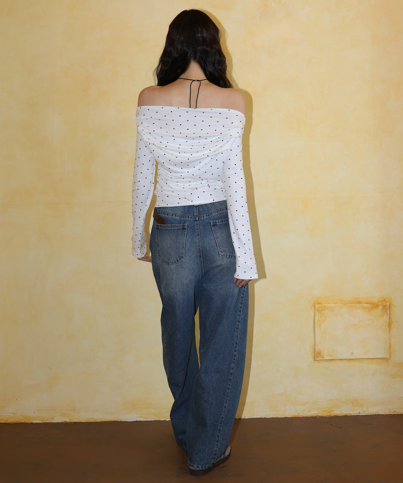 ドット柄オフショルロングスリーブTシャツ
