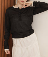 ヘンリーネックレイヤード配色シアーロンT