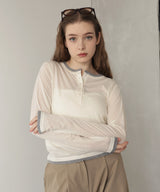 ヘンリーネックレイヤード配色シアーロンT