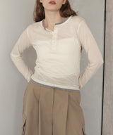 ヘンリーネックレイヤード配色シアーロンT