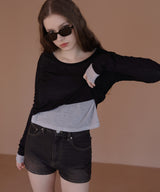 ショート丈シアークルーネックロンT