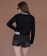 ショート丈シアークルーネックロンT