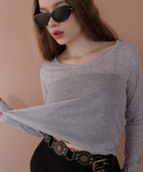 ショート丈シアークルーネックロンT