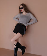 ショート丈シアークルーネックロンT