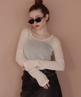 ショート丈シアークルーネックロンT